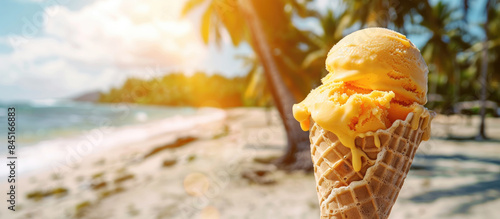 Mango ice cream in a cone on a tropical background of palm trees and sunny beach