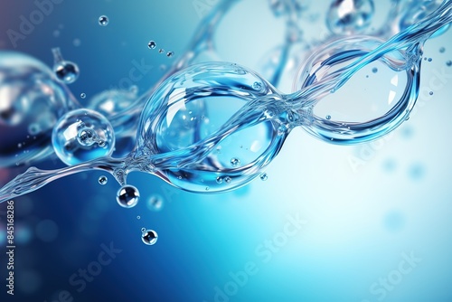 artificial intelligence, moving water droplets and air bubbles on a blue background, water and air bubbles floating. The concept of science and purity