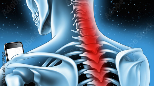 スマートフォン依存症による首痛の視覚表現: ルンバー領域での痛みと不快感を具現化したイメージ.