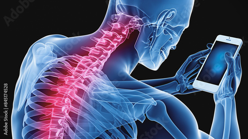 スマートフォン依存症による首痛の視覚表現: ルンバー領域での痛みと不快感を具現化したイメージ.