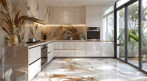 A modern kitchen with white cabinets and marble floors, featuring reed leaf patterns in rose gold on the cabinets and oven. The walls have soft pastel abstract patterns. Generative AI.