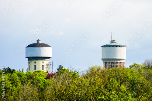 View of the Hammer water towers in the Berge district. Tall round water towers to supply drinking water to the city of Hamm.