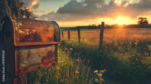 Rustic mailbox on metal fence at summer sunset for post delivery concept