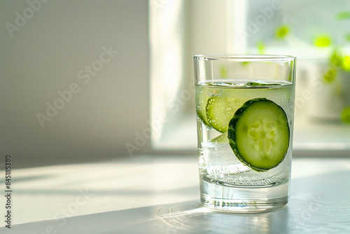 Single Cucumber Slice in a Clear Beverage, White Space