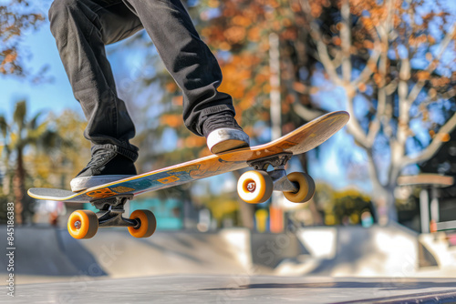 Close-up of a skateboarder executing an ollie on a ramp in a sunny skate park during autumn