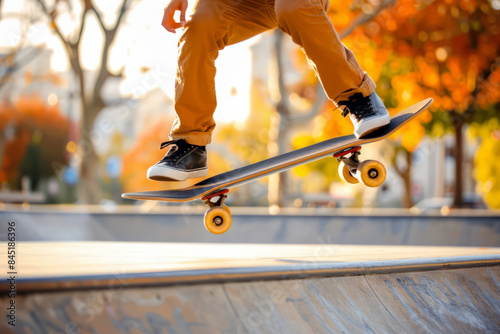 Close-up of a skateboarder executing an ollie on a ramp in a sunny skate park during autumn