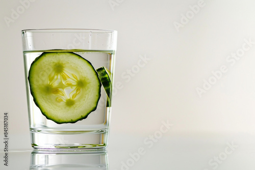 Single Cucumber Slice in a Clear Beverage, White Space