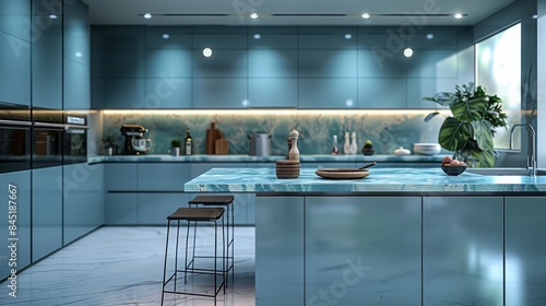 Modern kitchen interior with blue green cabinets and marble. Generative AI.