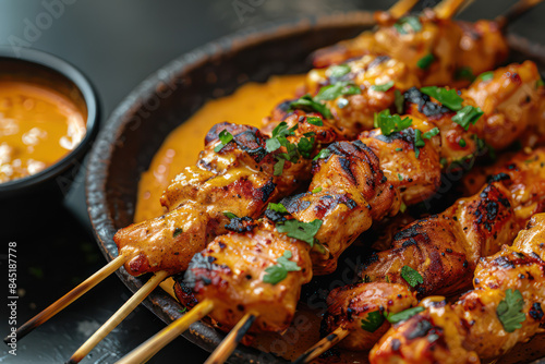 Close-up of a Thai Chicken Satay, grilled skewers with peanut sauce, vibrant and flavorful, intricate details of traditional thai style food. Food and cuisine concept for poster or menu restaurant