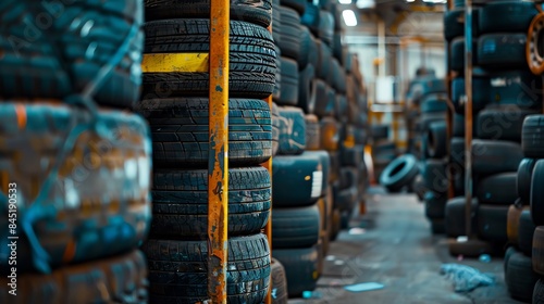 A warehouse full of stacked tires, creating a sense of industrial storage and potential reuse.