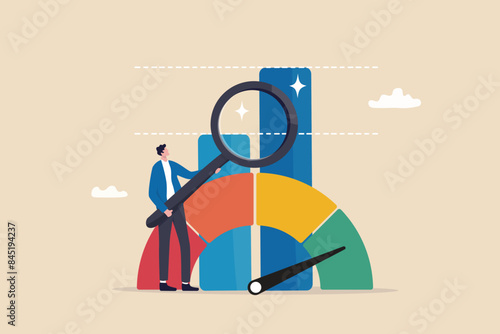 Benchmark performance or KPI key performance indicator, metrics or measurement to measure success, result evaluation, analysis or comparison concept, businessman magnify benchmark metric graph scale.