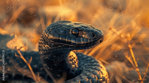 Close-Up of Venomous Viper in Golden Sunlight, Detailed Macro Shot of Coiled Snake in Desert Habitat