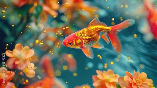 Many goldfish are visible alongside the blooming spring flowers