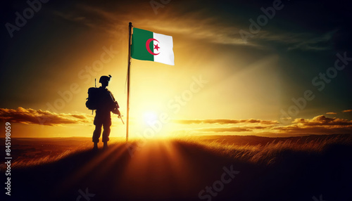 A soldier standing beside the Algeria flag at sunset, symbolizing courage and dedication to the nation