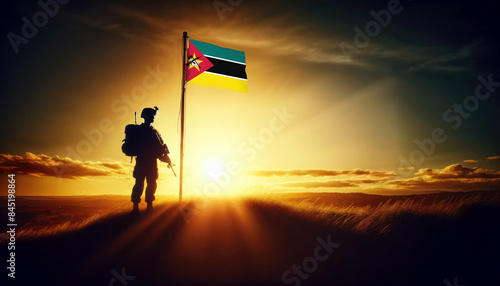 A soldier standing beside the Mozambique flag at sunset, symbolizing courage and dedication to the nation