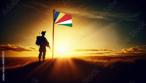 A soldier standing beside the Seychelles flag at sunset, symbolizing courage and dedication to the nation