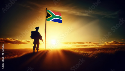 A soldier standing beside the South Africa flag at sunset, symbolizing courage and dedication to the nation