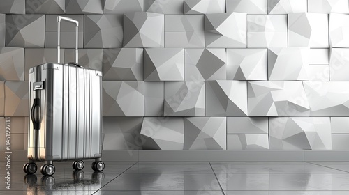 A silver suitcase on wheels stands in front of a geometric wall with a reflective floor, concept of travel and business trips. Generative AI