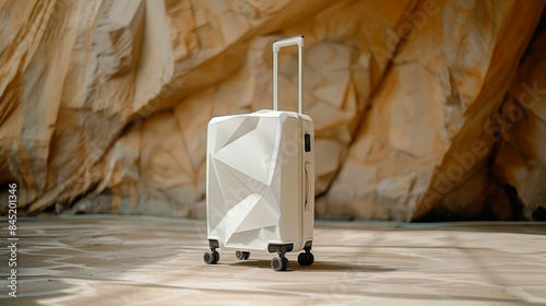White modern suitcase with geometric design on rocky background, travel concept. Generative AI