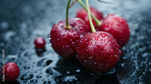 A close-up image of a handful of wet, ripe cherries with water droplets on a reflective surface.
