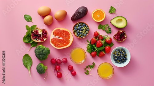 Top view of healthy food ingredients on pink background. Clean eating concept.