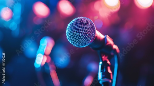 Close-up of a microphone on stage with a blurred background of colorful lights.