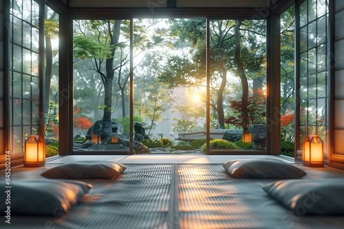 Traditional Kyoto ryokan with minimalist design, featuring tatami mat textures, soft ambient lighting, and thoughtful, intricate details creating a tranquil and clutter-free living space.