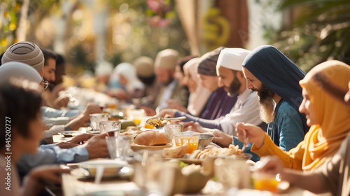 a of an outdoor interfaith event, with various religious communities coming together for a shared meal and open conversation, Interreligious, Promoting dialogue, coo