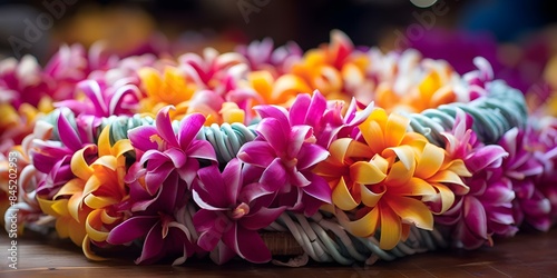 Closeup of colorful tropical flower lei garlands vibrant and ey. Concept Tropical flowers, Close-up photography, Colorful lei garlands, Vibrant colors, Eye-catching details