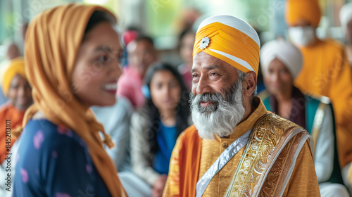a close-up image of a spiritual leader of a diverse community engaging in a dialogue with members of different ethnic and cultural backgrounds, highlighting mutual respect and incl