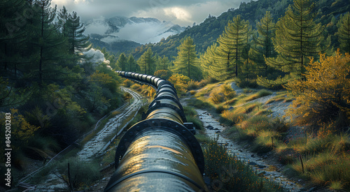 A black plastic gas pipe running through a mountainous forest. The pipe is partly visual above ground. Generative AI.
