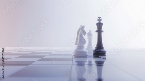 Pastel 3D Chessboard with Black King, White Queen, and Knight on White Background
