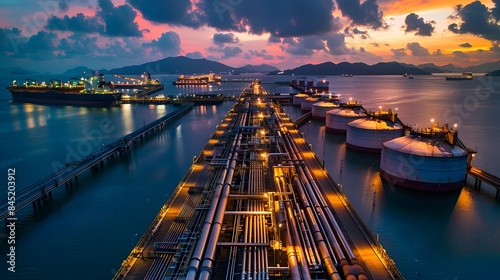 An industrial port with pipelines connecting to storage tanks and ships, showcasing the integration of pipelines in global transport logistics
