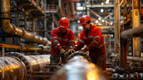 Technicians working on a pipeline system in a refinery, demonstrating the ongoing maintenance and operations involved in pipeline transport