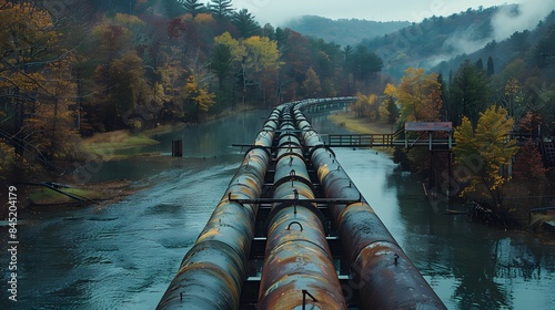 Industrial pipelines crossing a bridge over a river, emphasizing the engineering feats involved in pipeline transport