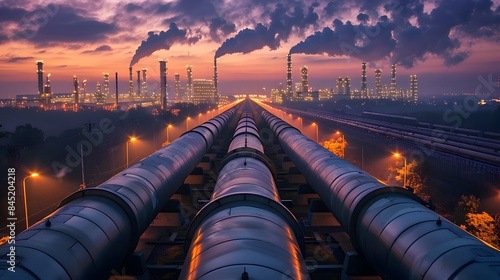 A pipeline transport system at dusk, with lights illuminating the pipes as they snake through an industrial zone