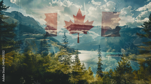 Abstract illustration of the Canadian flag and the amazing nature of mountains, forests and lakes.