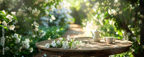 A pristine table set against a lush jasmine garden