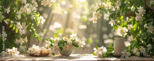 A pristine table set against a lush jasmine garden