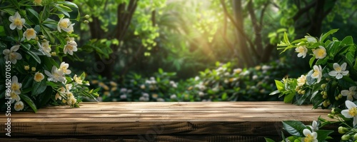 A wooden table set against a jasmine garden backdrop