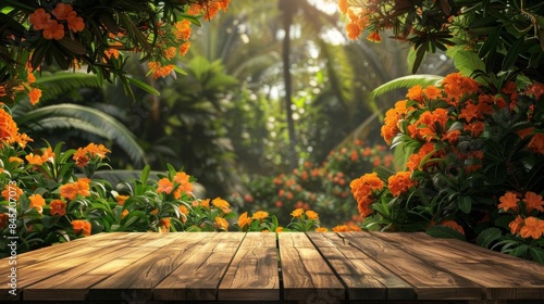 A wooden table set against an orange jasmine garden backdrop