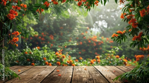 A wooden table set against an orange jasmine garden backdrop