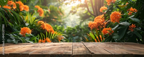 An empty table with an orange jasmine garden background