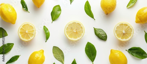 Lemon and leaf arrangement in a creative flat lay food concept on a white background.