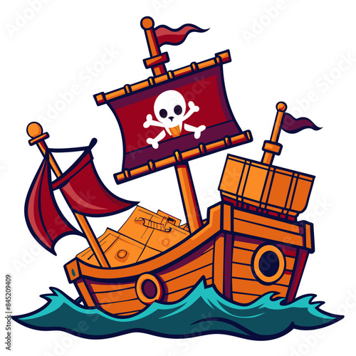 pirate ship sailing through rough seas, with tattered sails, a Jolly Roger flag, and treasure chests on deck