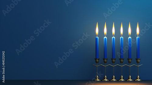 A beautiful image of a menorah with four candles lit. The menorah is made of gold and the candles are blue. The background is a dark blue.