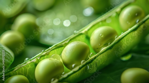 Fresh green peas in the pod with water drops. Close up.