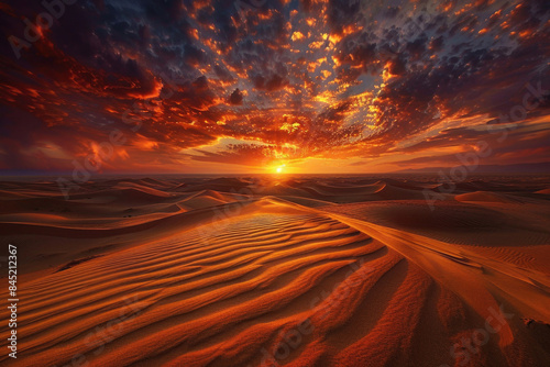 Dunes with rippling sand patterns and dramatic desert sky at sunset