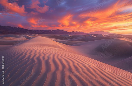 Dunes with rippling sand patterns and dramatic desert sky at sunset