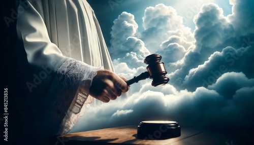 God's Divine Justice - Judge's Hand with Gavel in Heavenly Clouds